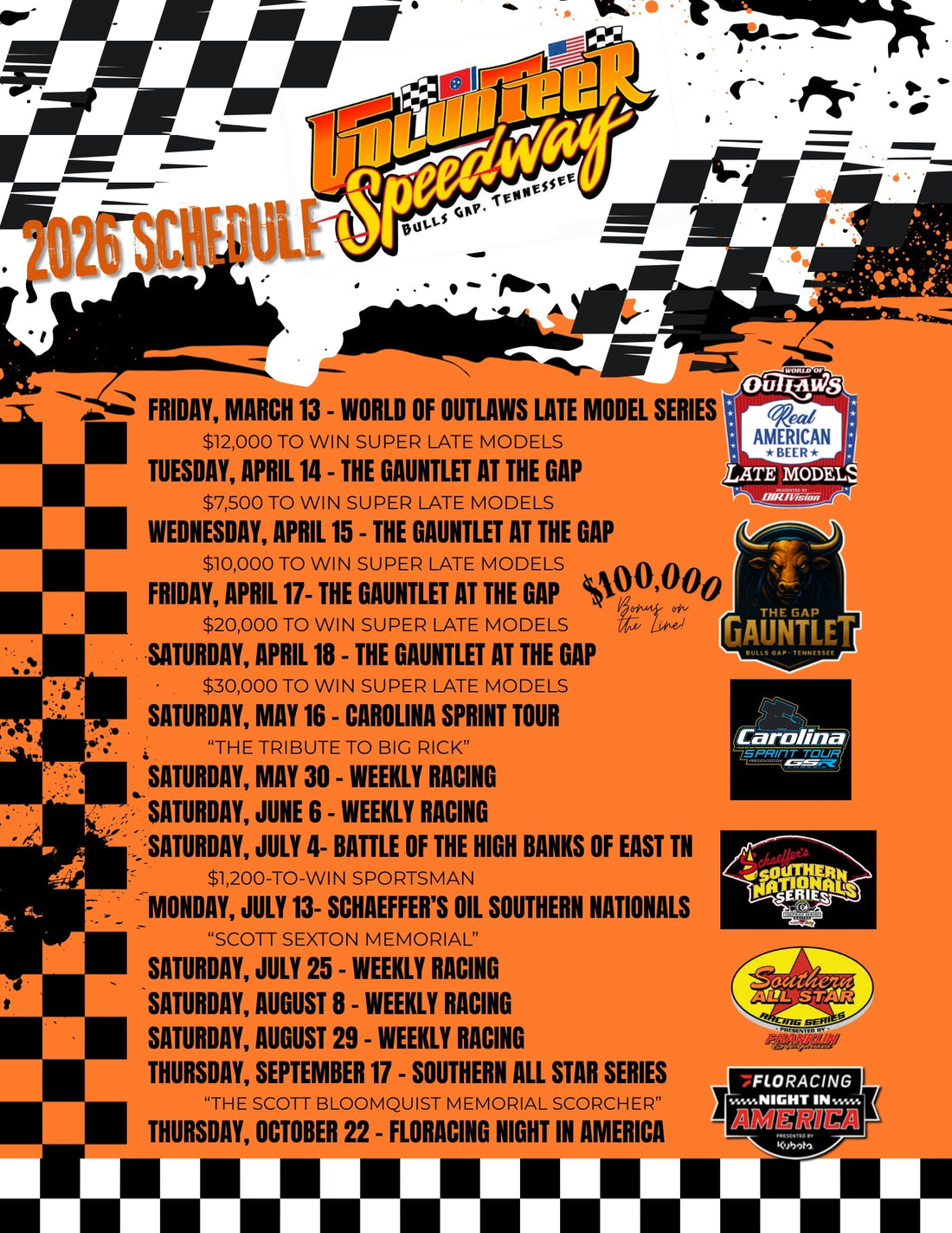 Revised 2026 Schedule for Volunteer Speedway is Released!!!